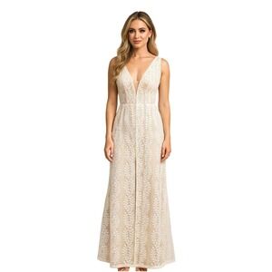 Lulus Eliana White Nude Lace Maxi Dress XS Bridal Formal Gown Chic Style #615232